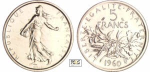 Cinquième république (1959- ) - 5 francs semeuse 1960 pré-série, tranche striée