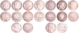 Napoléon 1er (1804-1814) - Lot de 9 monnaies de 5 francs Napoléon 1er (1804-1814) - Lot de 9 monnaies de 5 francs