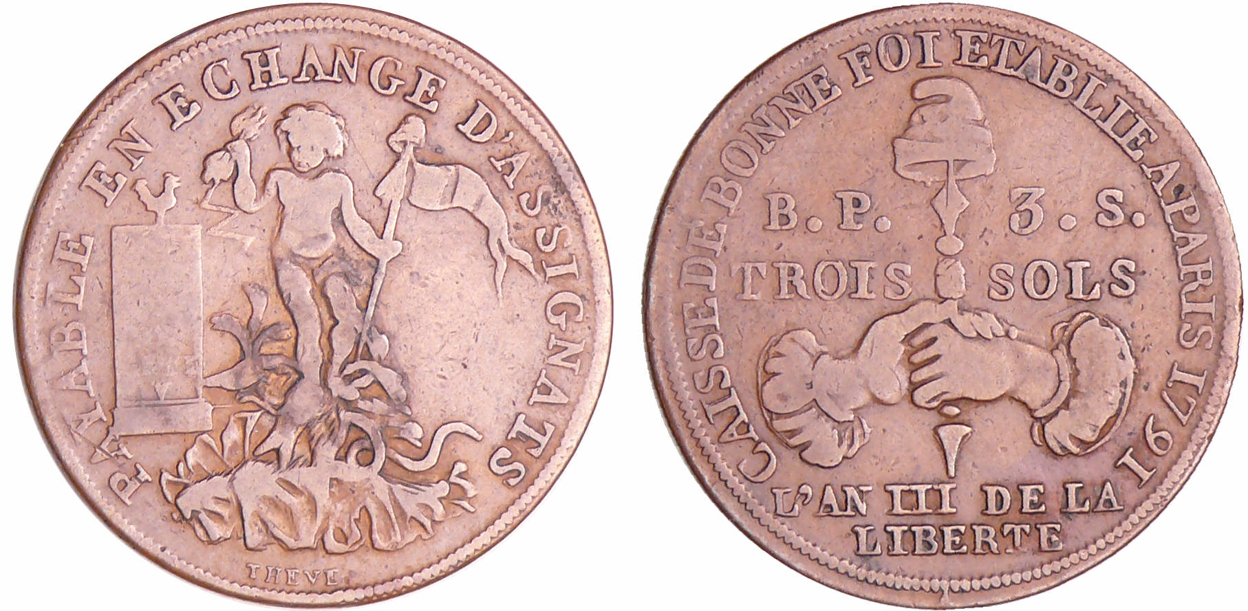 Constitution (1791-1792) - Caisse de bonne Foi Bon pour 3 sols 1791 / AN III Constitution (1791-1792) - Caisse de bonne Foi Bon pour 3 sols 1791 / AN III