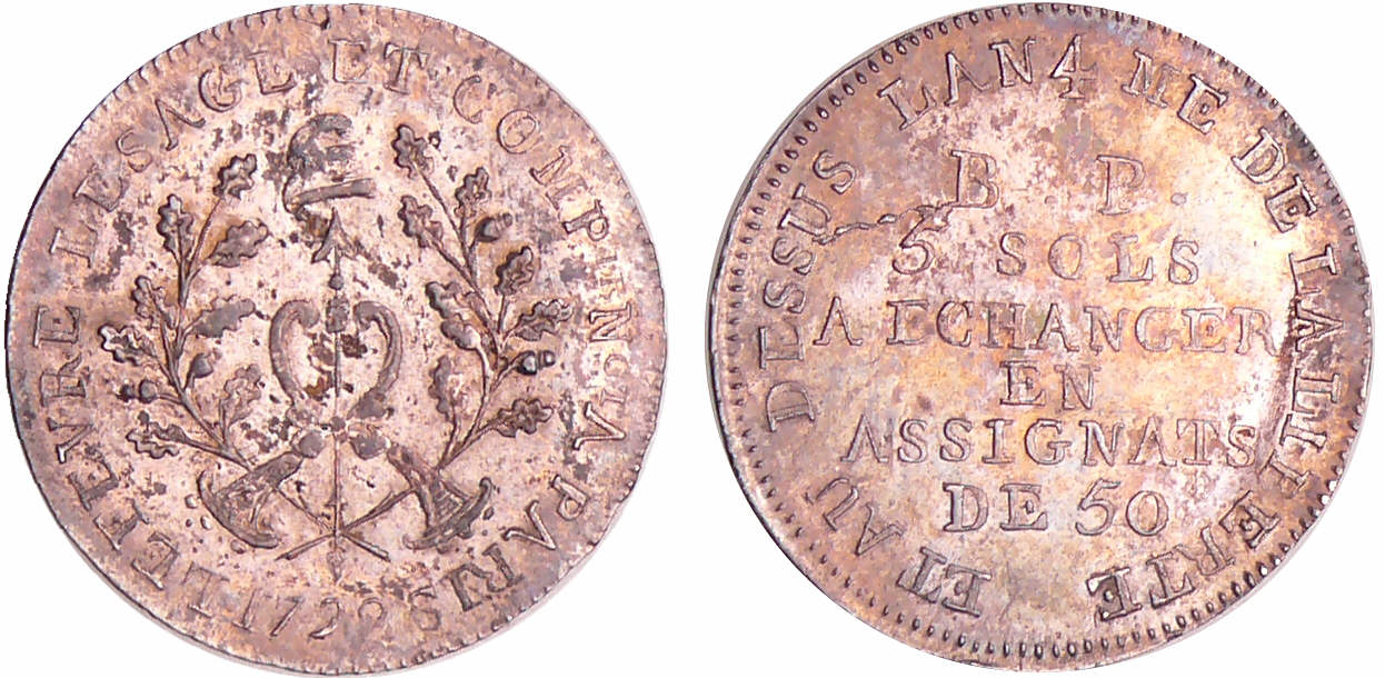 Constitution (1791-1792) - Bon pour 5 sols de Lefèvre Lesage et Cie 1792 - Petit 5 sans # Constitution (1791-1792) - Bon pour 5 sols de Lefèvre Lesage et Cie 1792 - Petit 5 sans #