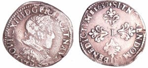 Louis XIII (1610-1643) - ½ franc au buste juvénile, tête laurée, col plat - 1639 M (Toulouse)