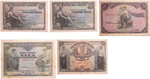 Espagne - El banco de espana - lot de 5 billets 25 pesetas (x2), 50 pesetas, 100 pesetas (1906), 50 pesetas (1907) Espagne - El banco de espana - lot de 5 billets 25 pesetas (x2), 50 pesetas, 100 pesetas (1906), 50 pesetas (1907)