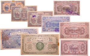 Chine - Lot de 9 billets, 20 coppers (1922), 10 coppers (1923), 20 coppers (1923), 1 yuan (1923), 5 yuan (1923), 1/2 yuan (1919), 5 yuan (1919), 1 yuan (1922), 5 yuan (1922) Chine - Lot de 9 billets, 20 coppers (1922), 10 coppers (1923), 20 coppers (1923), 1 yuan (1923), 5 yuan (1923), 1/2 yuan (1919), 5 yuan (1919), 1 yuan (1922), 5 yuan (1922)