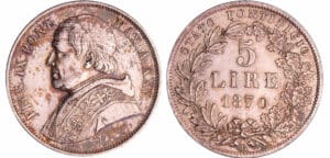 Italie - Etat papal - Pie IX (1866-1870) - 5 lire 1867 An XXV (Rome) Italie - Etat papal - Pie IX (1866-1870) - 5 lire 1867 An XXV (Rome)