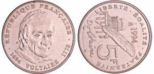 Cinquième république (1959- ) - 5 Francs Voltaire 1994 Frappe décalée de 90°