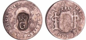 Guadeloupe - Administration anglaise - 10 sous comptremarqué sur une 1/2 real de Ferdinand VI