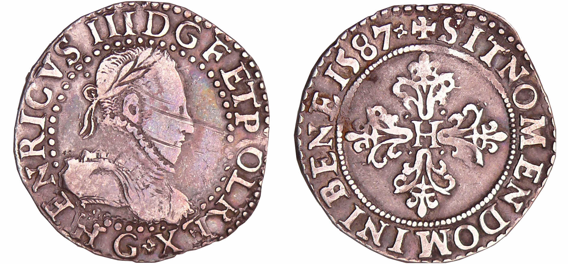 Henri III (1574-1589) - Quart de franc au col fraisé - 1587 G (Poitiers) Henri III (1574-1589) - Quart de franc au col fraisé - 1587 G (Poitiers)