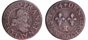 Louis XIII (1610-1643) - Denier tournois au buste juvénile et col fraisé - 1634 E (Tours)