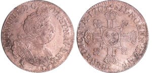 Louis XIV (1643-1715) - ½ écu aux 8 L, 2ème type - 1704 9 (Rennes) flan réf. Louis XIV (1643-1715) - ½ écu aux 8 L, 2ème type - 1704 9 (Rennes) flan réf.
