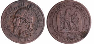 Napoléon III (1852-1870) - Satirique - 10 centimes 1854 A (Paris) gravé d'un casque à pointe Napoléon III (1852-1870) - Satirique - 10 centimes 1854 A (Paris) gravé d'un casque à pointe