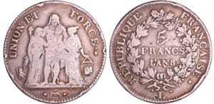 France - Bonaparte premier consul (1799-1804) - 5 francs Hercule union et force An 8 L (Bayonne) 8/5 France - Bonaparte premier consul (1799-1804) - 5 francs Hercule union et force An 8 L (Bayonne) 8/5