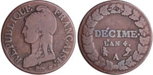 Directoire (1795-1799) - 1 décime Dupré - petit module - An 4 A (Paris) Directoire (1795-1799) - 1 décime Dupré - petit module - An 4 A (Paris)