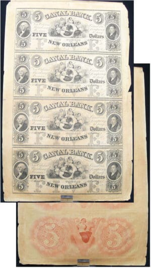 United States - Obsolete currency - Louisiana (New Orleans), Canal bank - Planche de 4 billets de 5 dollars 18-- série A-B-C-D