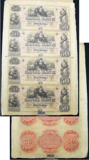 United States - Obsolete currency - Louisiana (New Orleans), Canal bank - Planche de 4 billets de 50 dollars 18-- série A-B-C-D