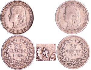 Pays-Bas - Wilhelmina (1890-1948) - 25 cents 1895 Hache inclinée et 1897 Pays-Bas - Wilhelmina (1890-1948) - 25 cents 1895 Hache inclinée et 1897