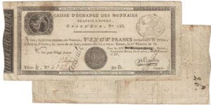 Révolution - Billet - Caisse d'échange de monnaies de Rouen - Vingt francs 1er frimaire an 10 Révolution - Billet - Caisse d'échange de monnaies de Rouen - Vingt francs 1er frimaire an 10