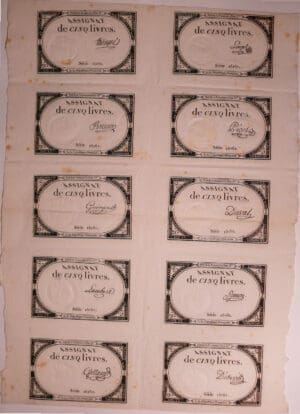 Révolution - Planche de 10 Assignats de 5 livres (10 signatures différentes) Révolution - Planche de 10 Assignats de 5 livres (10 signatures différentes)