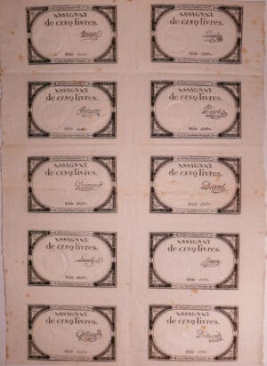 Révolution - Planche de 10 Assignats de 5 livres (10 signatures différentes) Révolution - Planche de 10 Assignats de 5 livres (10 signatures différentes)