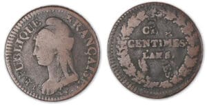 5 centimes Dupré surfrappé AN 5 A (Paris) 5 centimes Dupré surfrappé AN 5 A (Paris)