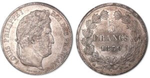 5 francs Louis-Philippe I tête laurée 2e type 1839 B (Rouen) 5 francs Louis-Philippe I tête laurée 2e type 1839 B (Rouen)