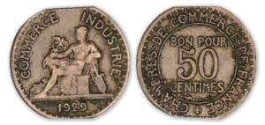 50 centimes Chambre de commerce 1929 avec un double clipage