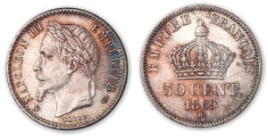 50 centimes Napoléon III tête laurée 1869 BB (Strasbourg) 50 centimes Napoléon III tête laurée 1869 BB (Strasbourg)