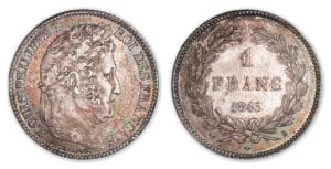 1 franc Louis-Philippe I tête laurée 1845 B (Rouen) 1 franc Louis-Philippe I tête laurée 1845 B (Rouen)