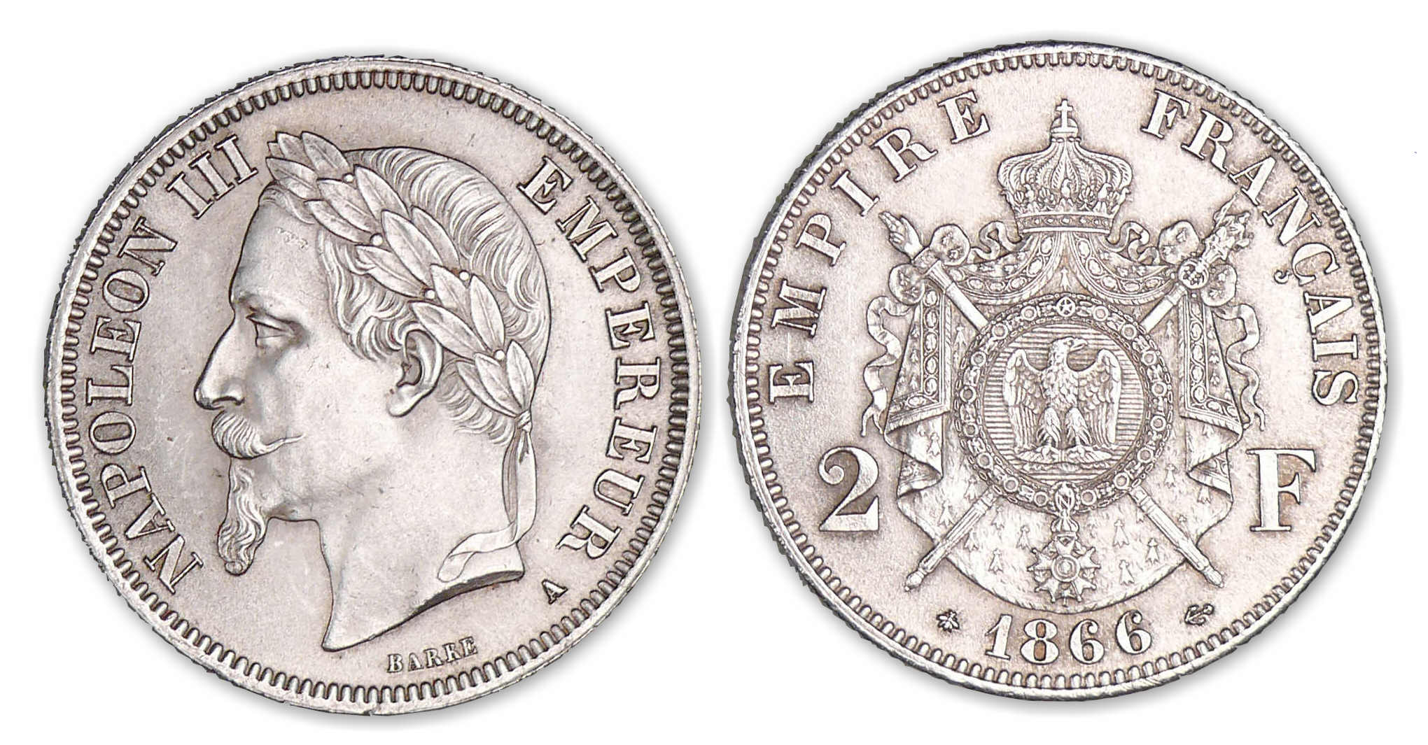 2 francs Napoléon III tête laurée 1866 A (Paris) 2 francs Napoléon III tête laurée 1866 A (Paris)