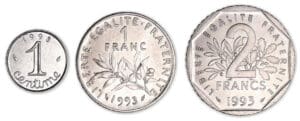 Série 1 centime, 1 franc et 2 francs 1993