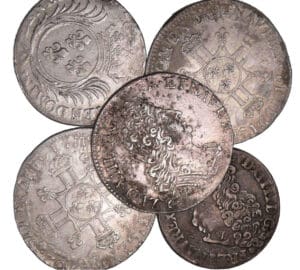 Louis XIV - Lot de 4 Quarts d'écu et d'un 20 sols Louis XIV - Lot de 4 Quarts d'écu et d'un 20 sols