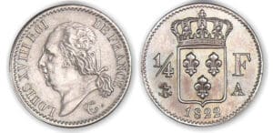 1/4 franc Louis XVIII buste nu 1822 A (Paris) 1/4 franc Louis XVIII buste nu 1822 A (Paris)