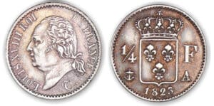 1/4 franc Louis XVIII buste nu 1823 A (Paris) 1/4 franc Louis XVIII buste nu 1823 A (Paris)