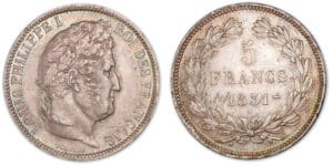 5 francs Louis-Philippe I tête laurée 1er type tranche relief 1831 B (Rouen) 5 francs Louis-Philippe I tête laurée 1er type tranche relief 1831 B (Rouen)