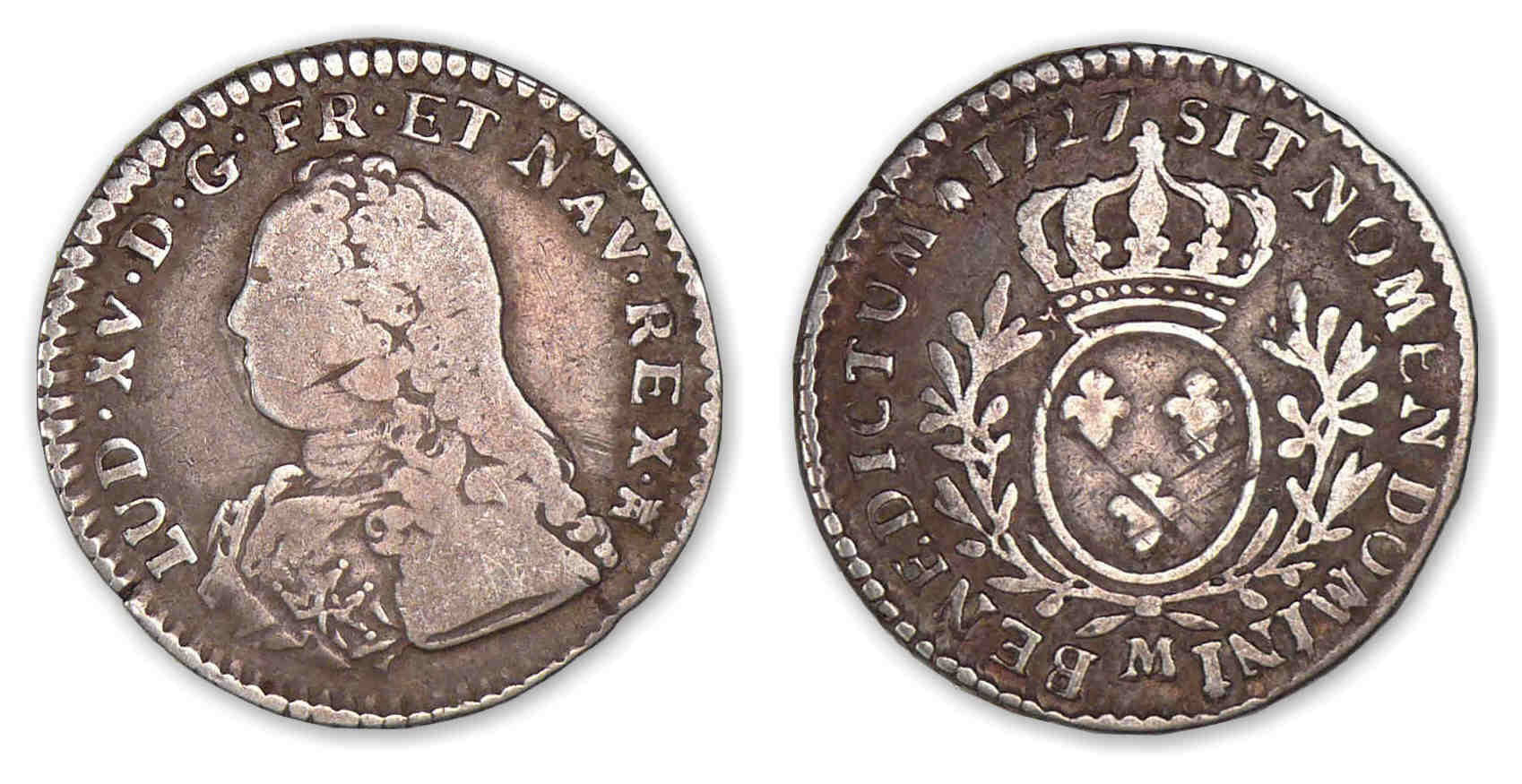 Louis XV - Dixième d'écu aux branches d'oliviers 1727 M (Toulouse) Louis XV - Dixième d'écu aux branches d'oliviers 1727 M (Toulouse)