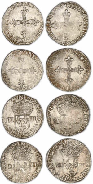 Henri III - Quart d'écu - Lot de 4 monnaies pour Rennes Henri III - Quart d'écu - Lot de 4 monnaies pour Rennes