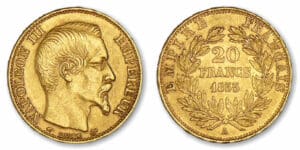 20 francs Napoléon III tête nue 1855 A (Paris) Faux d'époque en or 20 francs Napoléon III tête nue 1855 A (Paris) Faux d'époque en or