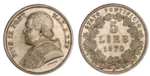 Italie - Etat papal Pie IX - 5 lire 1870 XXV (Rome).