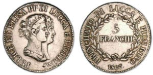 Italie - Principauté de Lucques et Piombino - Félix Bacciochi et Elisa Bonaparte - 5 franchi 1807 (Florence) Italie - Principauté de Lucques et Piombino - Félix Bacciochi et Elisa Bonaparte - 5 franchi 1807 (Florence)