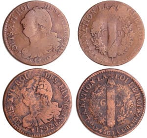 Constitution (1791-1792) - Lot de 2, 6 deniers type FRANCAIS 1792 BB (Strasbourg) et 6 deniers type FRANCOIS 1792 MA (Marseille) Constitution (1791-1792) - Lot de 2, 6 deniers type FRANCAIS 1792 BB (Strasbourg) et 6 deniers type FRANCOIS 1792 MA (Marseille)
