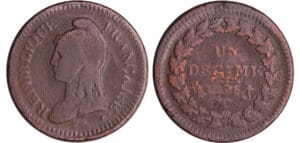 Directoire (1795-1799) - 1 décime Dupré - surfrappe du 2 décimes An 5 T (Nantes)