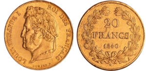 Louis-Philippe Ier (1830-1848) - 20 francs tête nue tranche en relief 1840 A (Paris) Louis-Philippe Ier (1830-1848) - 20 francs tête nue tranche en relief 1840 A (Paris)