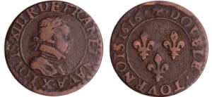Louis XIII (1610-1643) - Double tournois au buste enfantin et col plat - 1616 X (Amins) Louis XIII (1610-1643) - Double tournois au buste enfantin et col plat - 1616 X (Amins)
