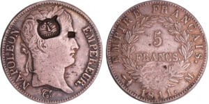 Napoléon 1er (1804-1814) - 5 francs revers empire 1811 M (Toulouse) Contremarquée d'une tête de tigre Napoléon 1er (1804-1814) - 5 francs revers empire 1811 M (Toulouse) Contremarquée d'une tête de tigre