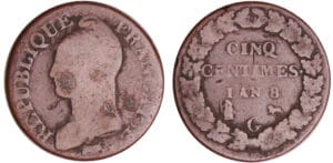 France - Bonaparte premier consul (1799-1804) - 5 centimes Dupré - grand module An 8 G (Genève) France - Bonaparte premier consul (1799-1804) - 5 centimes Dupré - grand module An 8 G (Genève)