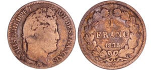 Louis-Philippe Ier (1830-1848) - 1 franc tête laurée 1838 B (Rouen) Louis-Philippe Ier (1830-1848) - 1 franc tête laurée 1838 B (Rouen)