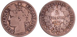 Troisième république (1871-1940) - 2 francs Cérès avec légende 1871 K (Bordeaux) grand K