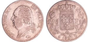 Louis XVIII (1815-1824) - 5 francs au buste nu 1823 Q (Perpignan)