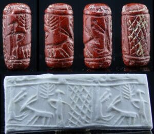 Proche Orient - Hittite - Sceau cylindre en jaspe rouge (champ croisillonné) - 1800 / 1500 av. J.-C. Proche Orient - Hittite - Sceau cylindre en jaspe rouge (champ croisillonné) - 1800 / 1500 av. J.-C.