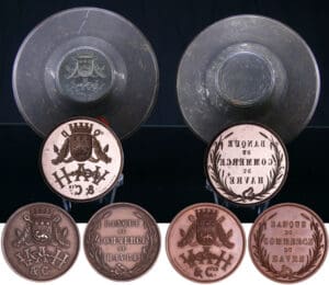 Banque du commerce du Havre - Ensemble des 2 matrices d'avers et de revers et de 2 jetons en cuivre et argent Banque du commerce du Havre - Ensemble des 2 matrices d'avers et de revers et de 2 jetons en cuivre et argent