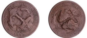 France - Napoléon III (1852-1870) - 10 centimes tête laurée 1855 B (Rouen), gravée d'une ancre